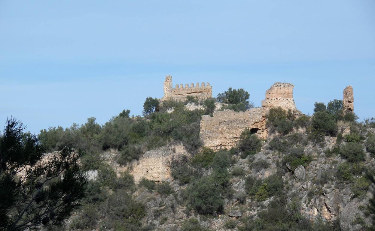 Muros que aún quedan en pie del castillo de Villalonga, rodeados de vegetación. 