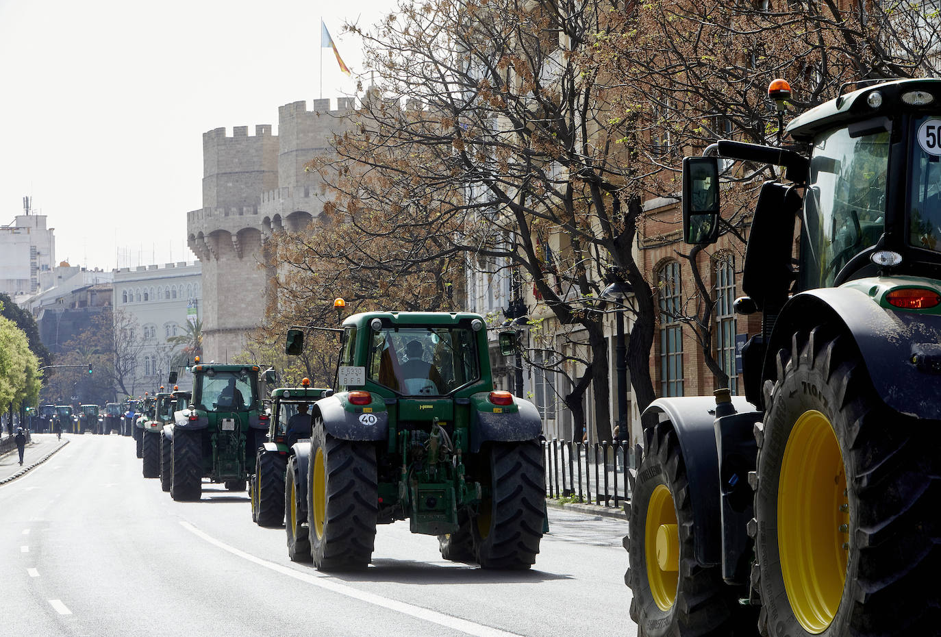 Decenas de tractores han recorrido varios municipios de Valencia y calles de la ciudad para protestar en defensa del sector arrocero, lo que ha provocado retenciones de tráfico a primera hora de este martes. 