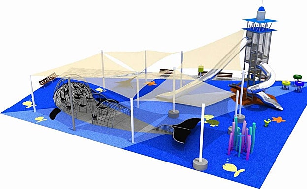 Recreación virtual de la plaza del Agua con juegos infantiles. 