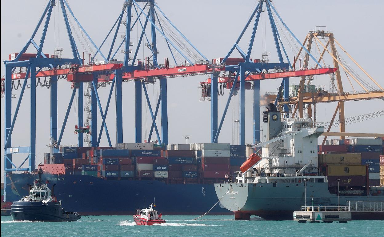 Un portacontenedores junto a varias grúas del Puerto de Valencia. 