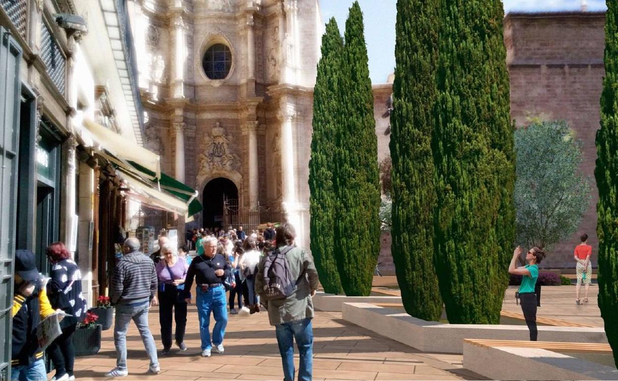 Recreación de la nueva plaza, con la catedral al fondo. 