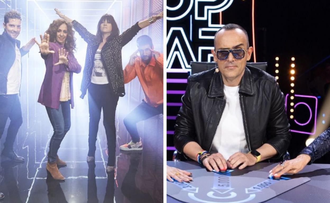 Izquierda. Los coaches de 'La Voz Kids' (Antena 3), David Bisbal, Rosario Flores, Vanesa Martín y Melendi./ Derecha. Los mentores de 'Top Star' (Telecinco), Danna Paola, Risto Mejide e Isabel Pantoja.