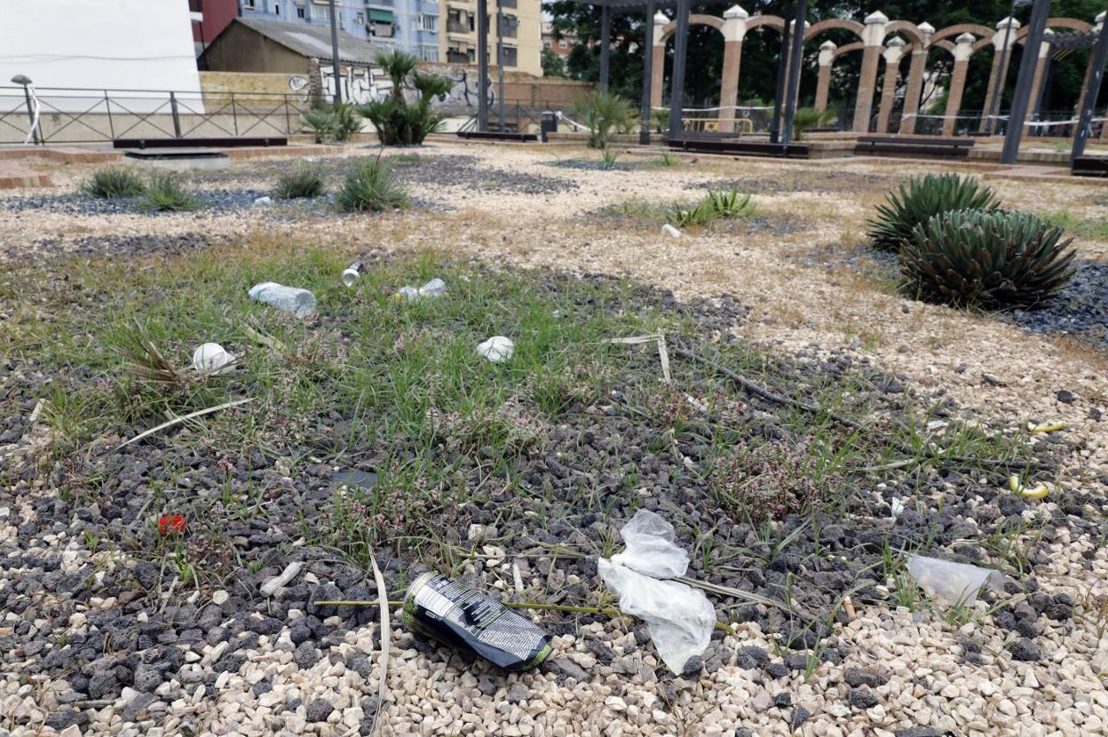 Basura en el jardín destrozado. irene marsilla