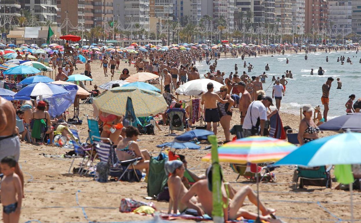 Turistas en la playa de Levante de Benidorm este mes de junio. 