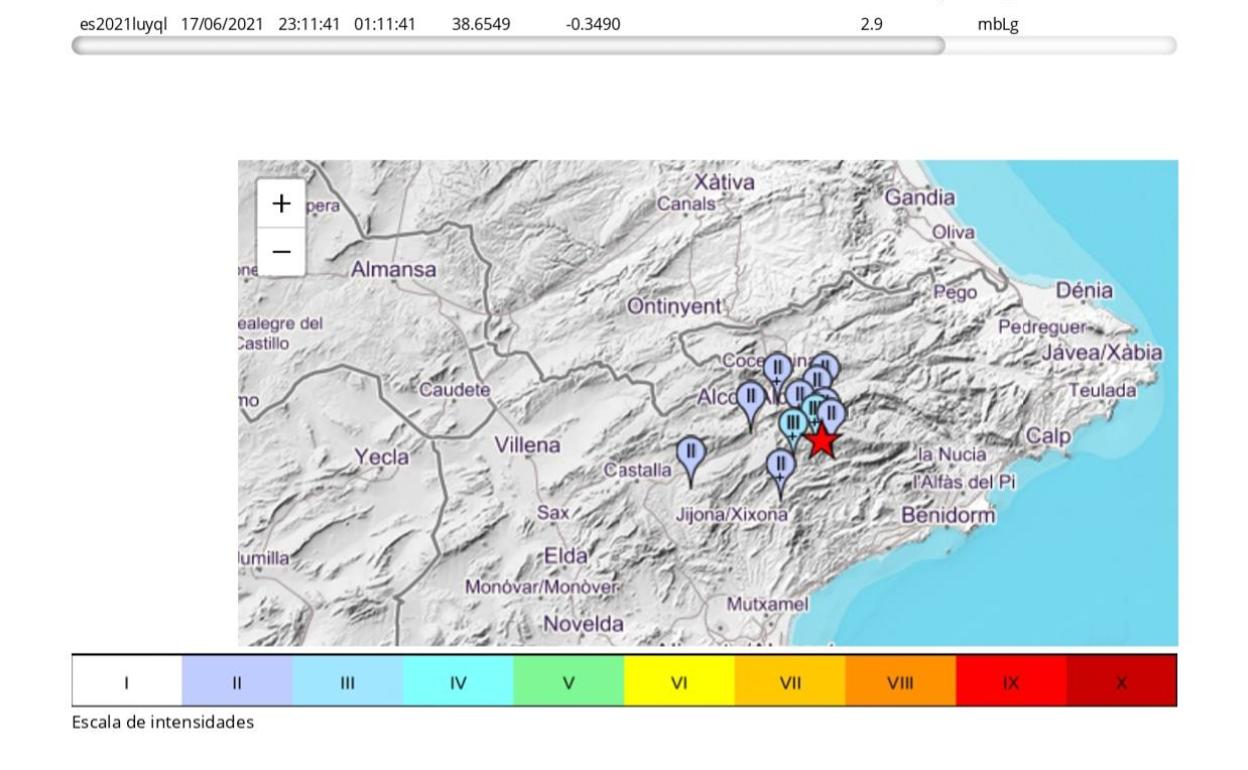 Imagen del mapa con los puntos donde se ha notado el terremoto. 