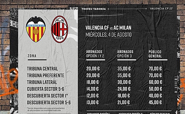 Cartel con los precios para el partido de fútbol entre el Valencia y el Milan en Mestalla. 