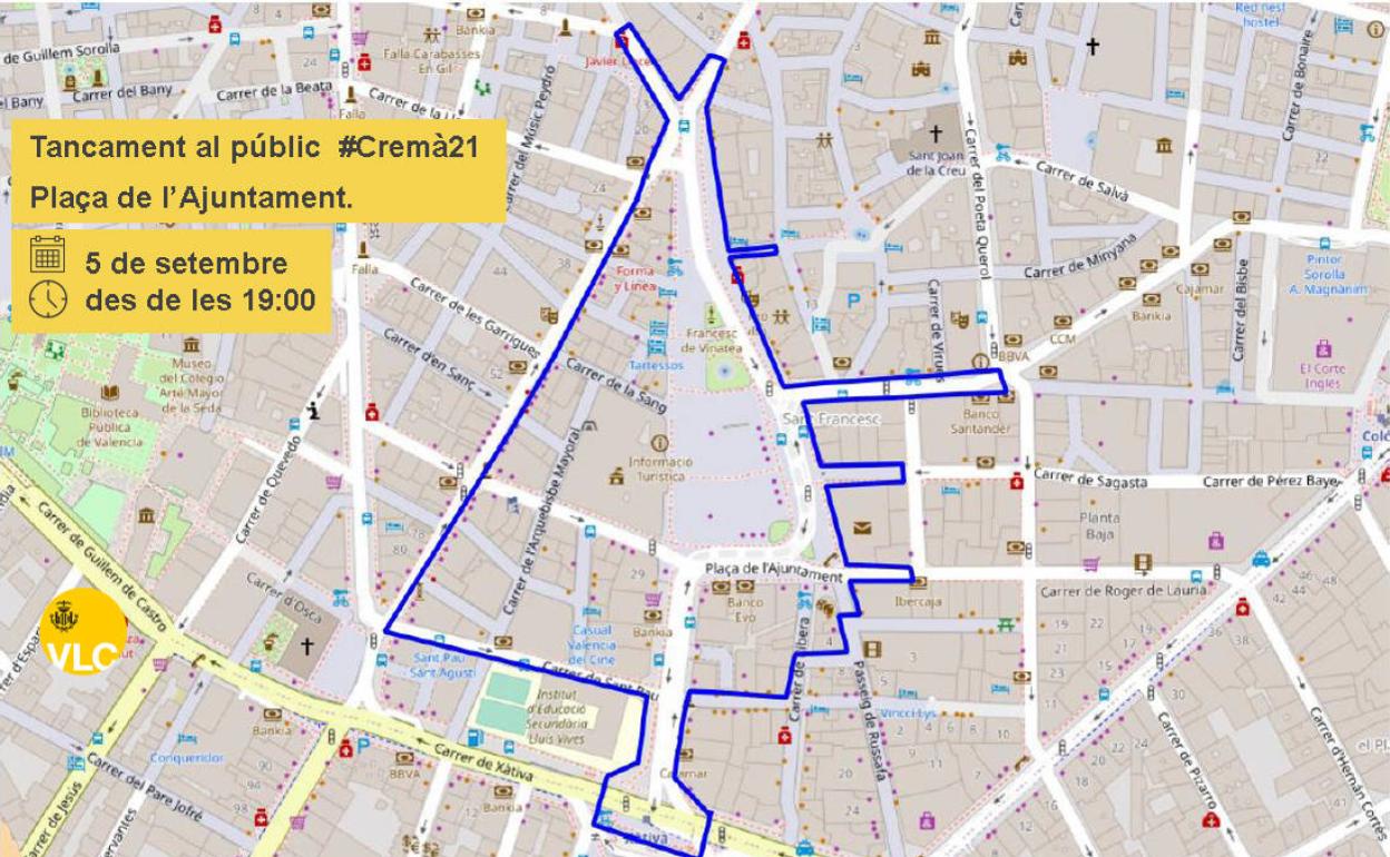 Mapa con el perímetro de seguridad para la cremà municipal. 