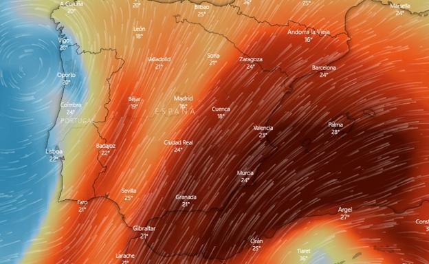 Previsión de Copernicus con la nube de dióxido de azufre para este viernes.