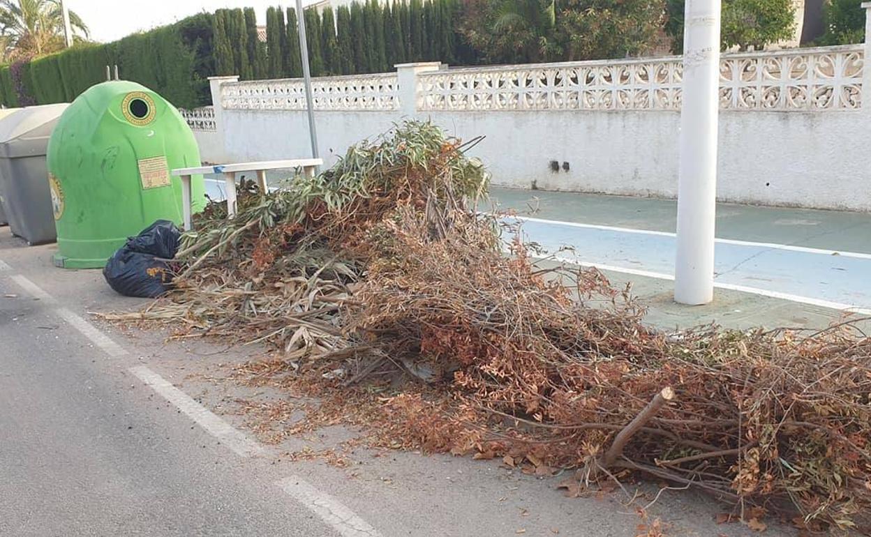 Vertido ilegal de poda en Calp  junto a unos contenedores. 