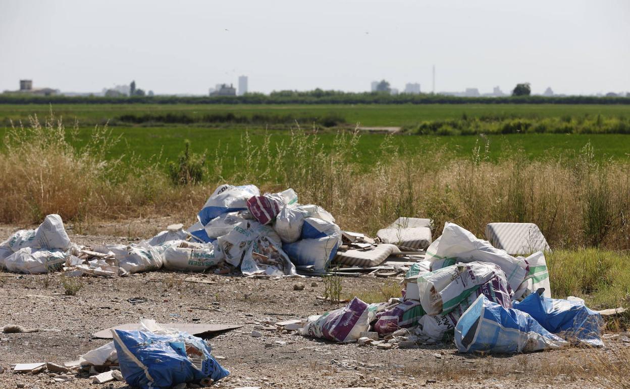 Bolsas de basura y escombros abandonados en la Albufera. 