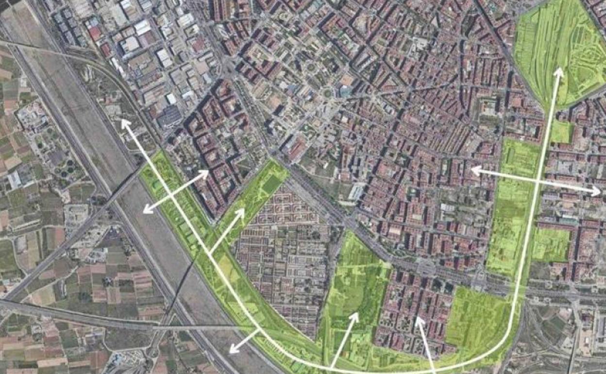 Zonas verdes del futuro bulevar García Lorca y otros proyectos del Gran Corredor Verde, un proyecto aún más ambicioso del Ayuntamiento de Valencia.