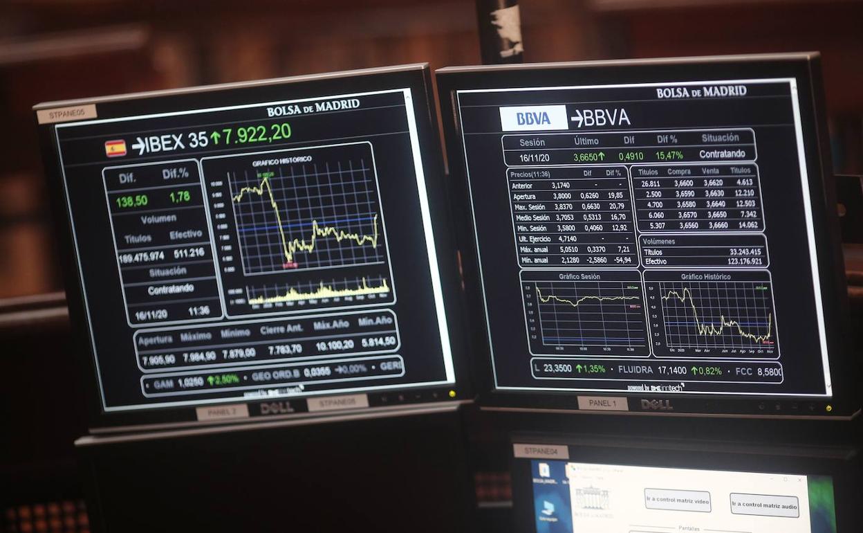 Pantallas de cotización en el interior de la Bolsa de Madrid. 