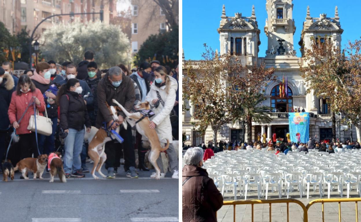 Izquierda: Decenas de personas esperan antes del acto de Sant Antoni. Derecha: escasa afluencia en el acto estático de la plaza del Ayuntamiento. 