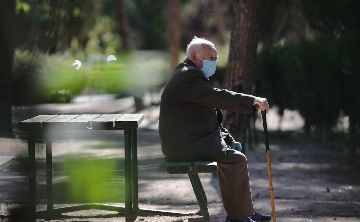 Un hombre jubilado descansa en un parque. 