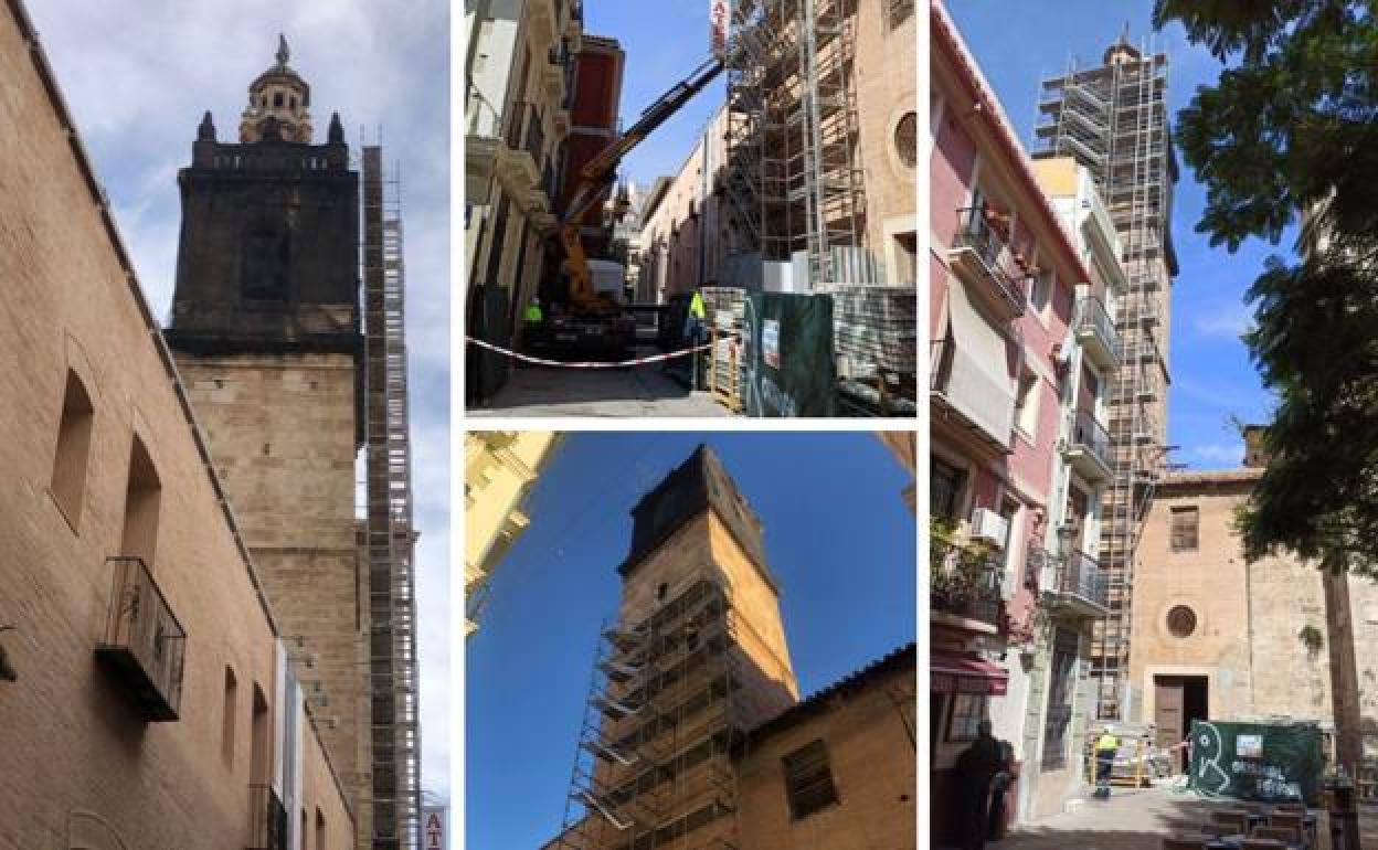 Andamiaje colocado en el campanario de la iglesia, este lunes. 