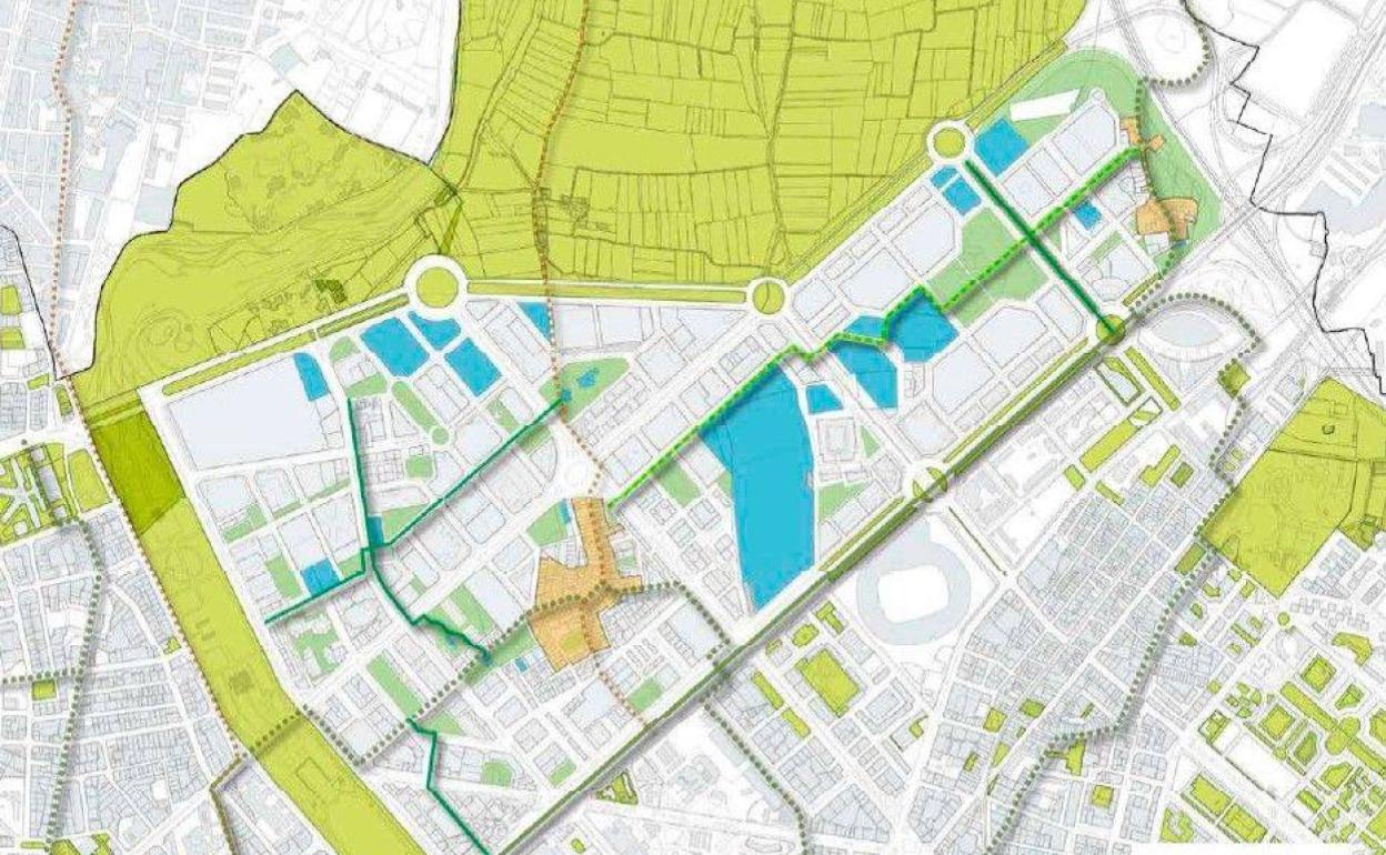 Mapa de Campanar con los itinerarios peatonales y verde marcados con líneas. 