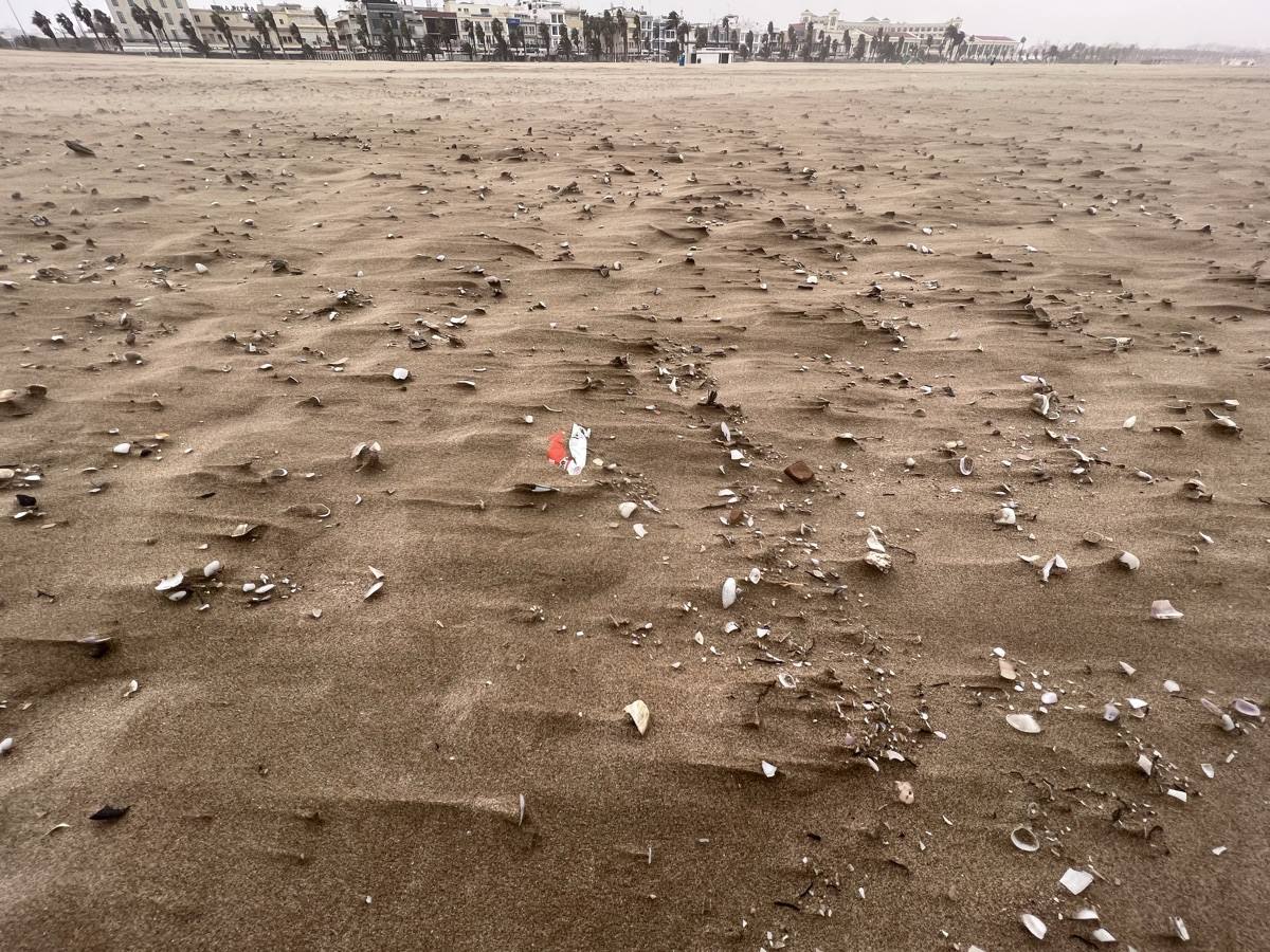 El paseo marítimo se ha llenado de arena por el temporal de viento en Valencia este 15 demarzo. 