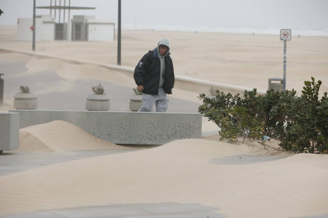 El paseo marítimo se ha llenado de arena por el temporal de viento en Valencia este 15 demarzo. 