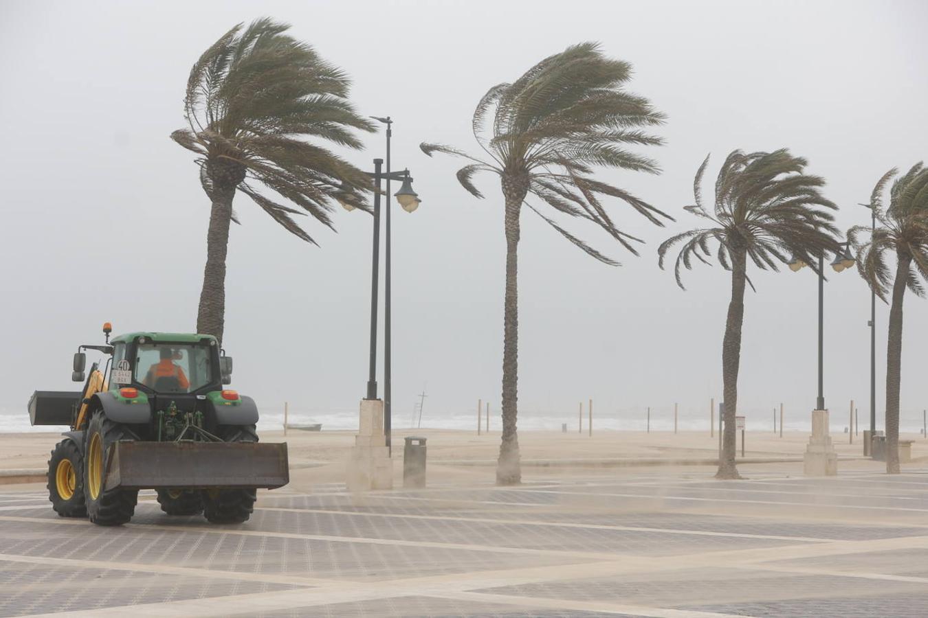 El paseo marítimo se ha llenado de arena por el temporal de viento en Valencia este 15 demarzo. 