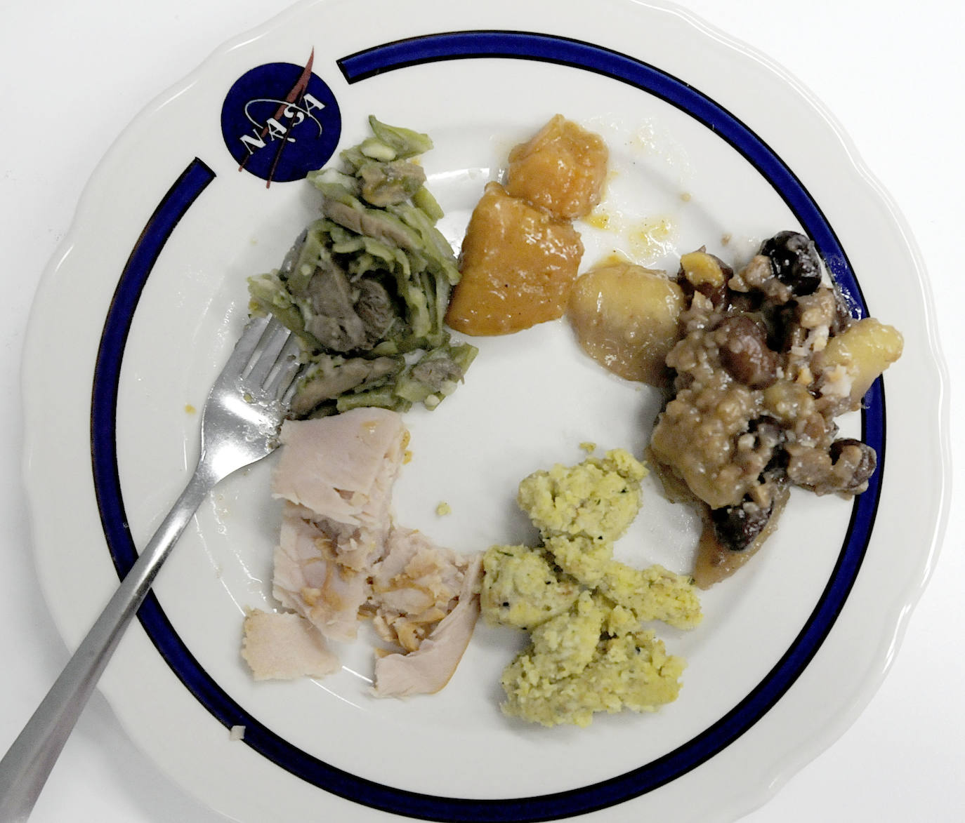 Alubias con setas, boniatos azucarados, pastel de manzana, pan de maíz y pavo asado, menú del Día acción de gracias para los astronautas estadounidenses de la ISS en 2008.