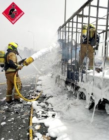 Imagen secundaria 2 - Así han extinguido los bomberos el incendio del camión en la A-7. 