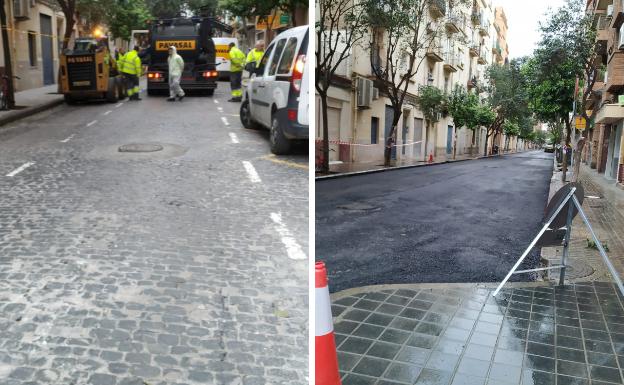 Valencia entierra bajo el asfalto los adoquines de una calle 