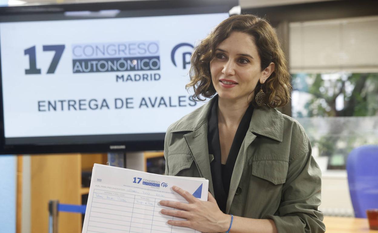 Isabel Díaz Ayuso, en la presentación de avales para presidir el PP de la Comunidad de Madrid. 