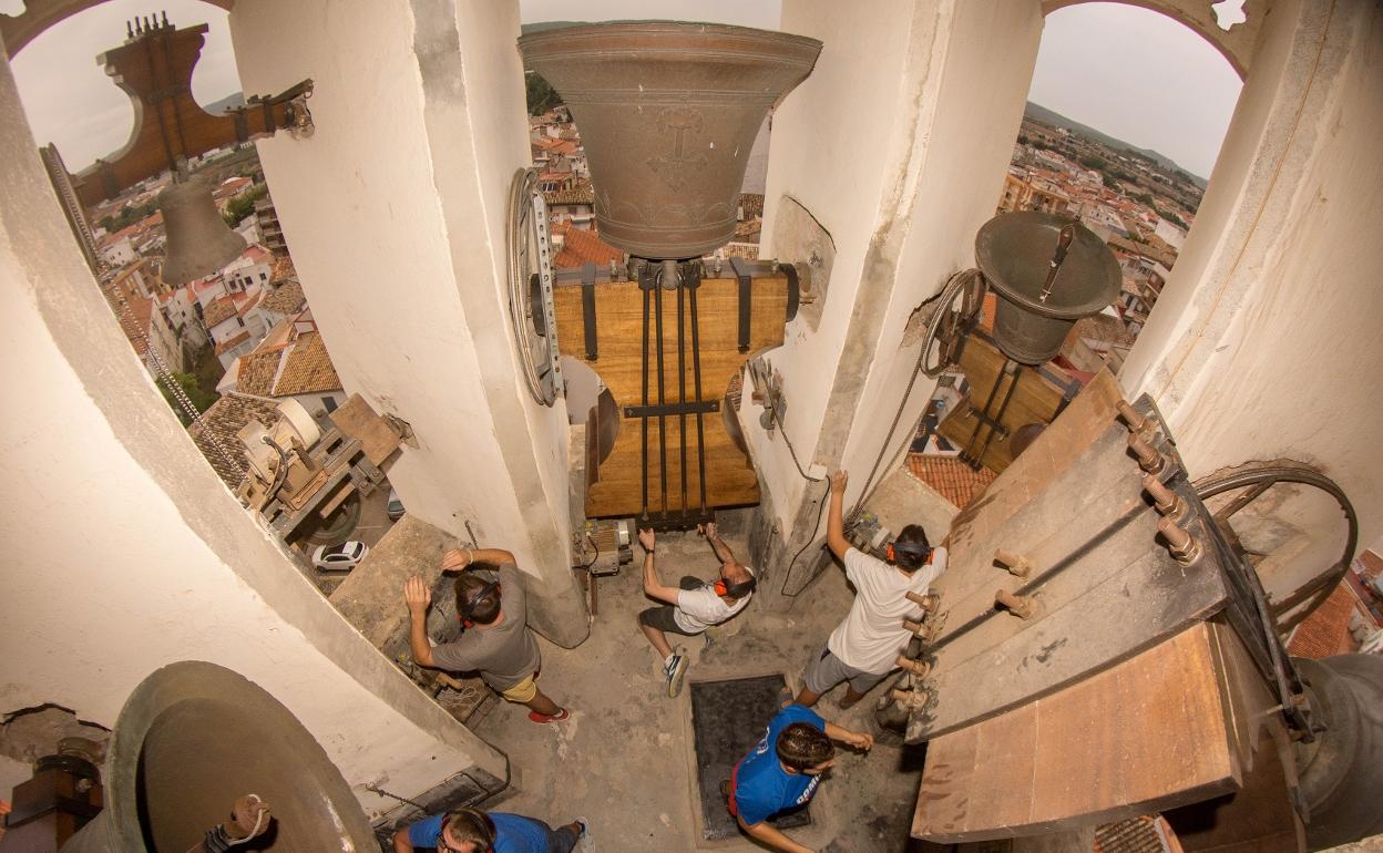 Campaners de Moixent volteando las campanas. 