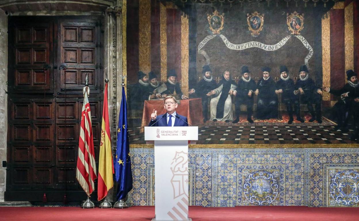 El presidente Puig, durante el anuncio de los cambios del Consell. 