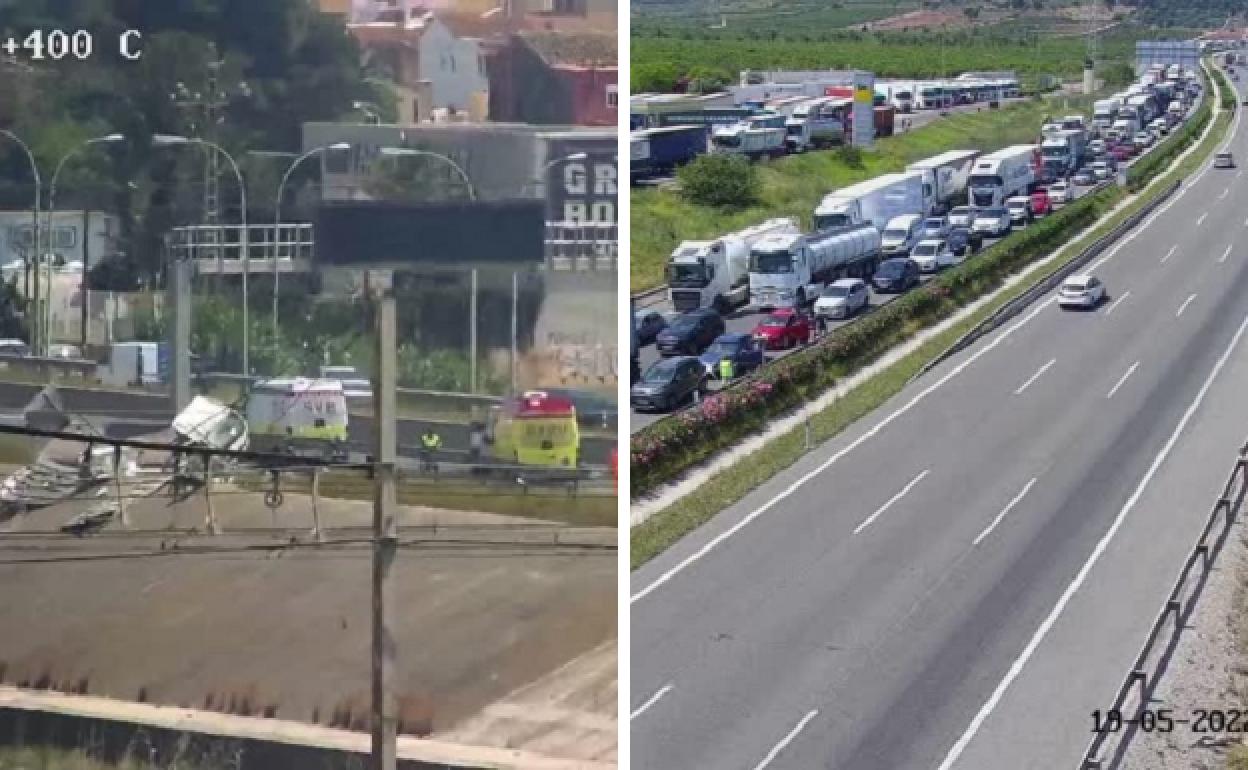 Accidentes de tráfico en Valencia | Un camión cae al nuevo cauce desde la V-30 y un accidente corta el by-pass en Sagunto