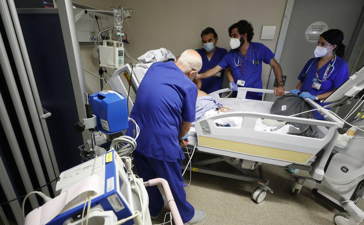 Varios sanitarios atienden a un paciente en el Hospital La Fe de Valencia. 