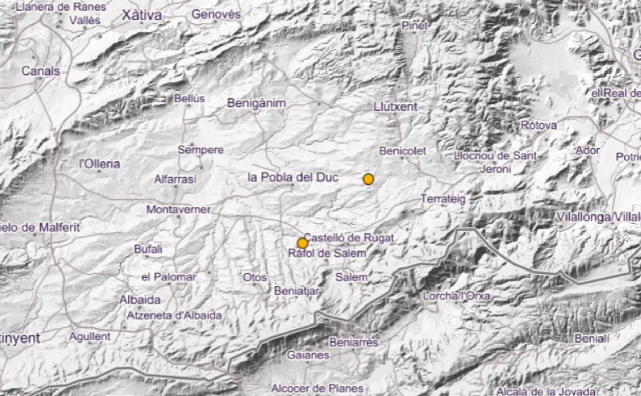 Epicentros de los dos seísmos registrados este martes en la comarca de la Vall d'Albaida. 