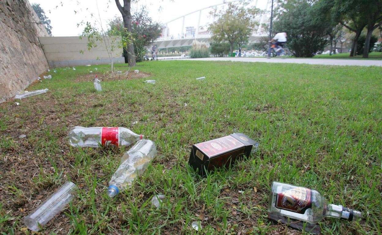 Restos de botellón en el jardín del Turia. 