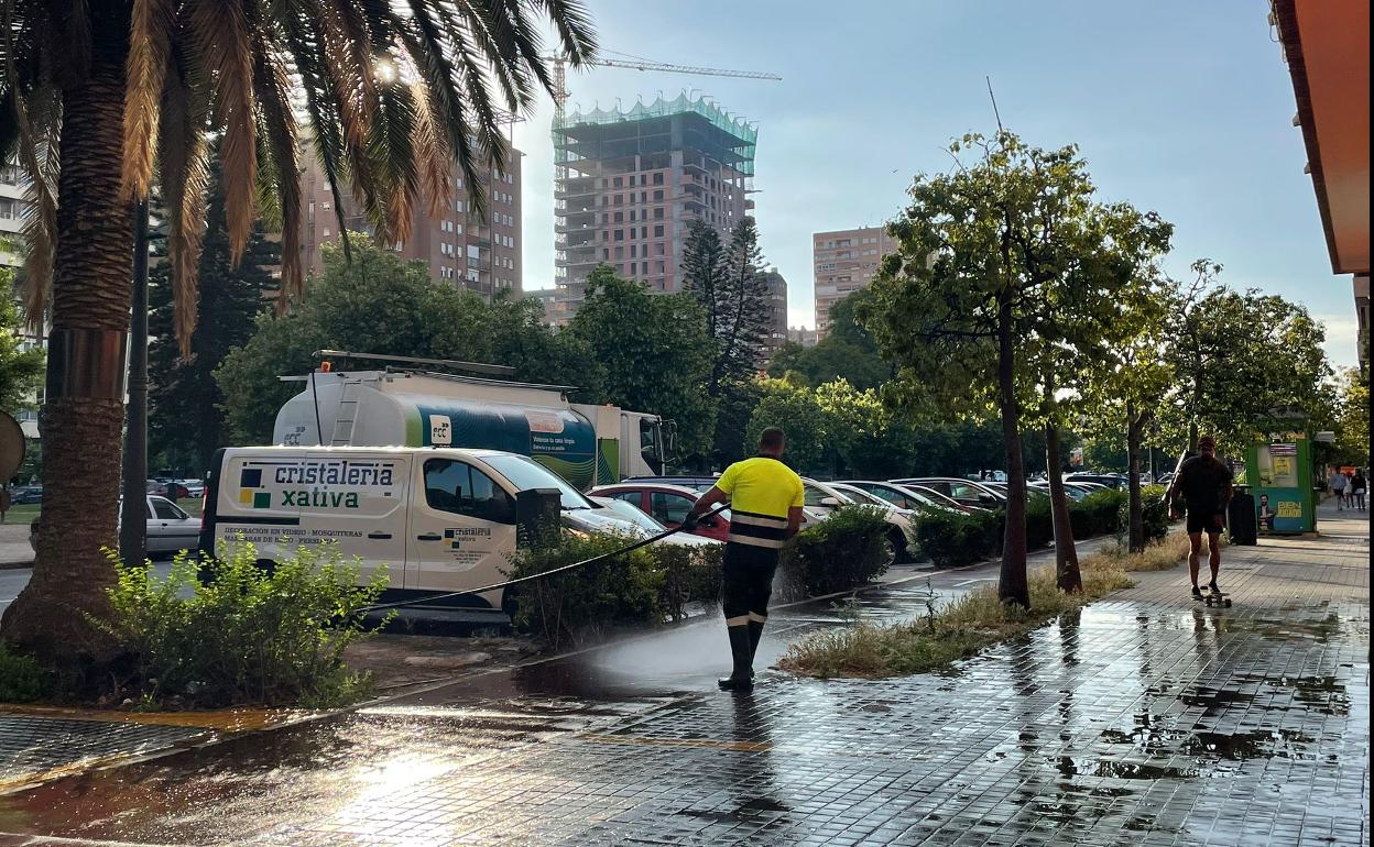 Un operario municipal baldea la zona unviersitaria ayer por la mañana.