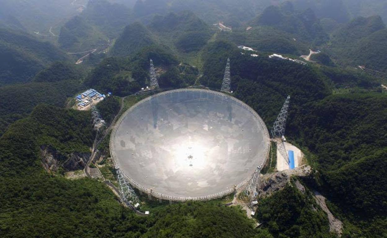 Una imagen aérea del radiotelescopio Fast, incrustado en la confluencia de las laderas de los montañas chinas de Guizhu