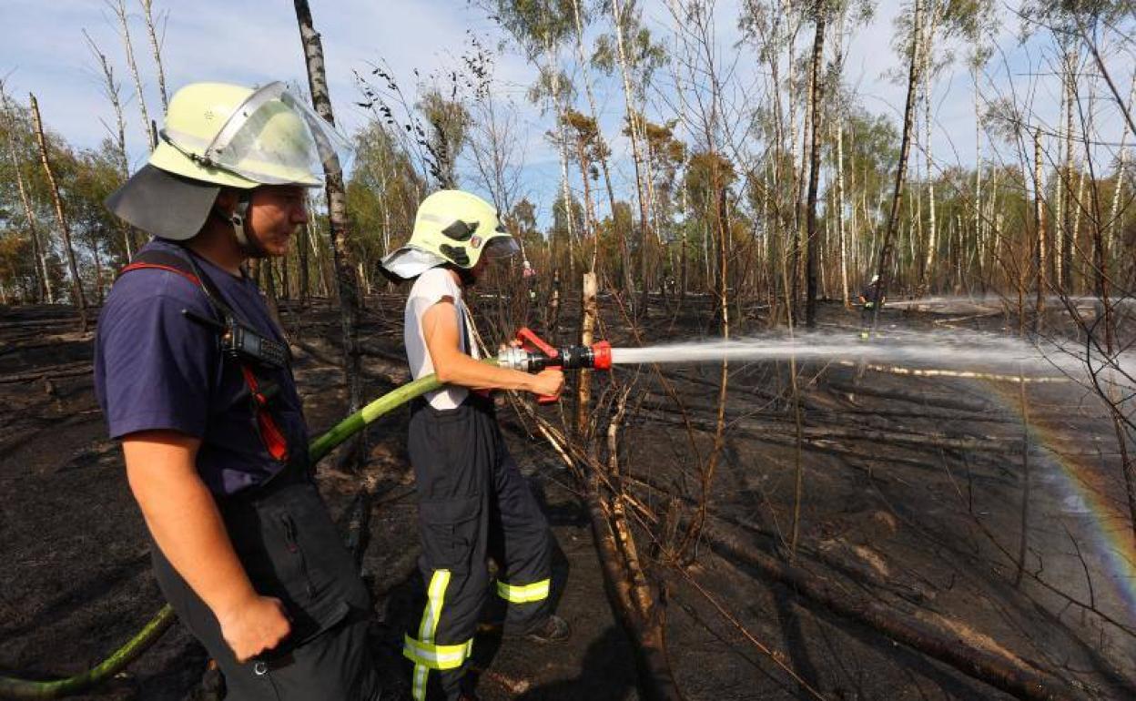 Bomberos trabajan extinguiendo un incendio en Bad Saarow, al sudeste de Berlín