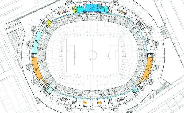 Nivel 2. Palcos. En esta zona, en la fase 1, sí se reduce el área acabada, ya que quedan bastantes partes en bruto o abiertas. Sólo se prevé acabar en un primer momento el principal área de palcos en el oeste del estadio, el denominado Diamond Club, y los cuatro palcos principales. 