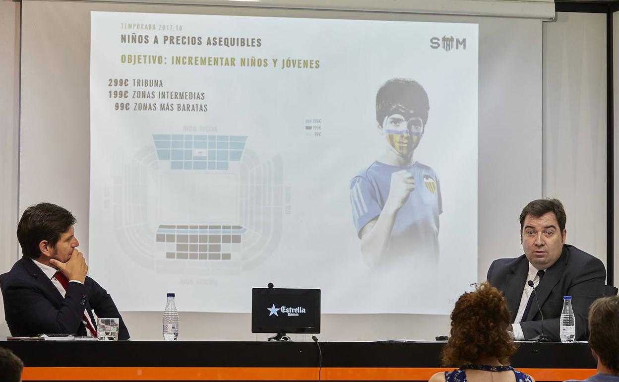 Mateo Alemany, a la izquierda, observa a Damià Vidagany en una presentación de la campaña de abonos del Valencia. 