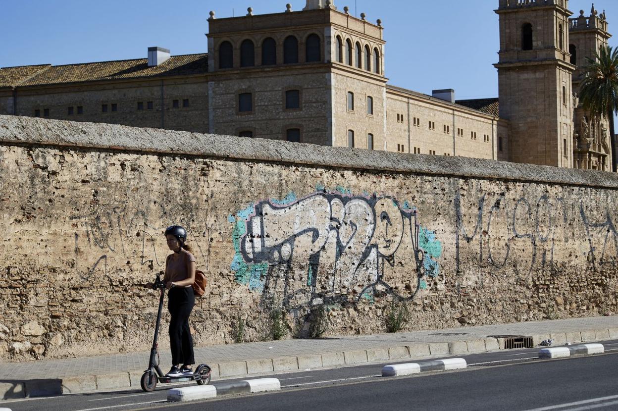 Una de las pintadas que luce el muro protegido, con el antiguo monasterio al fondo. 