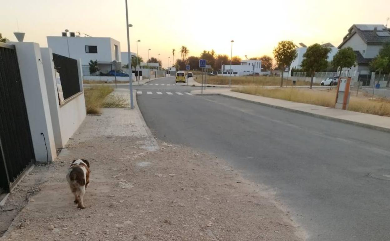 Una zona de la urbanización con las aceras con obstáculos y solares sin limpiar. 