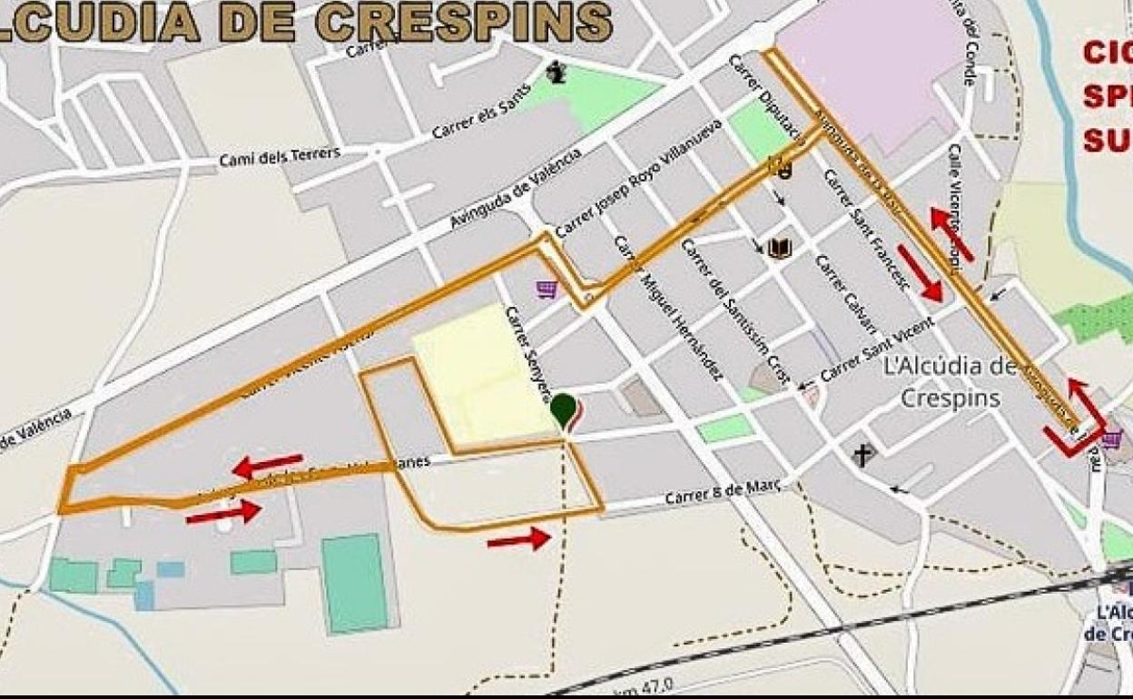 Recorrido por l'Alcúdia de Crespins de la parte de ciclismo del duatlón. 