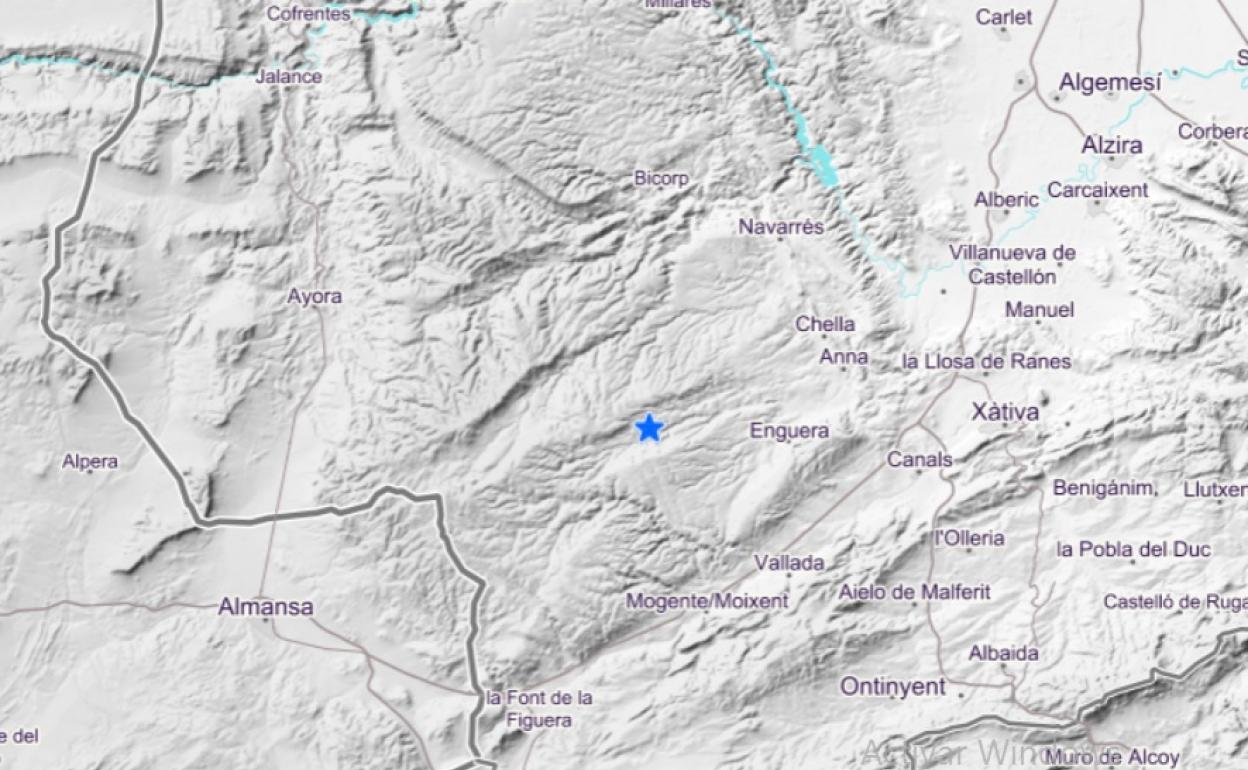 Epicentro del seísmo producido esta mañana en el término municipal de Enguera. 