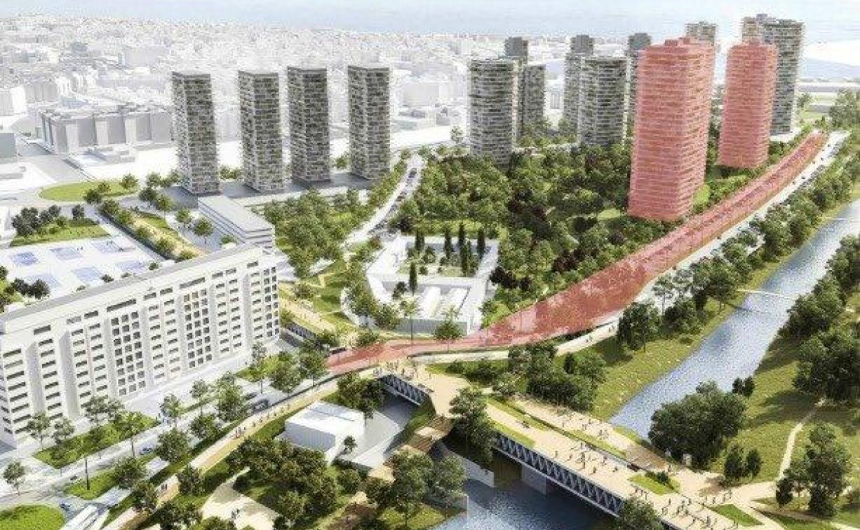 Recreación del nuevo barrio, con las zonas que se eliminarán de color rosa. 