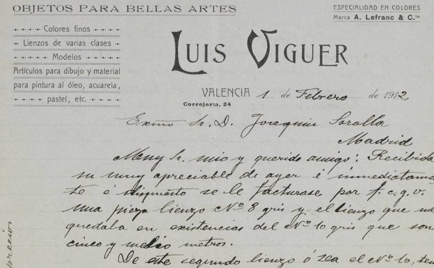 Carta dirigida a Joaquín Sorolla desde el establecimiento Luis Viguer. 