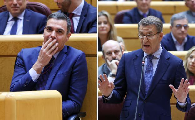 Pedro Sánchez y Alberto Núñez Feijóo, este miércoles en el Senado. 