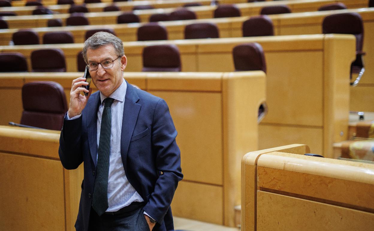 Feijóo habla por teléfono el jueves en un receso del pleno del Senado. 