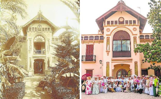 Edificio señorial. Izquierda, fachada de l'Hort de Ribera a finales del siglo XIX. Derecha, imagen reciente de la misma casa, exactamente igual que entonces y ante la que posan participantes en la feria modernista, ataviados al estilo de principios del XX para recrear aquella época. 