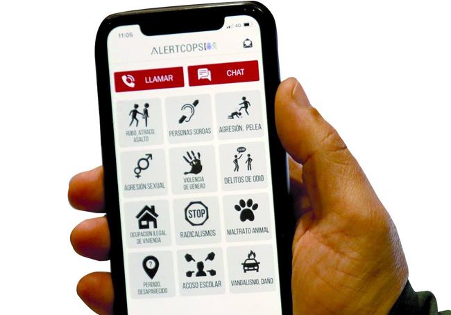 Menú de la app Alertcops, con todas las opciones posibles.