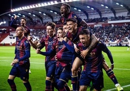 El Levante festejando un gol en el encuentro de la primera vuelta frente al Albacete.