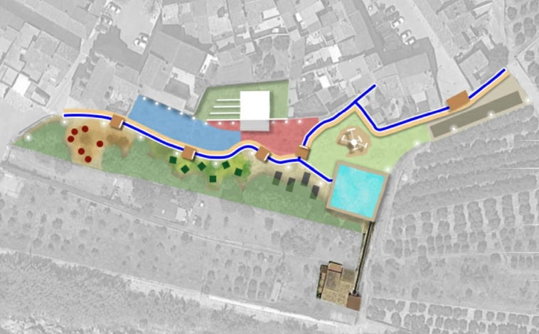 Imagen principal - Imagen virtual de cómo será la zona verde, la balsa, llena de maleza, y otro tramo de acequia. 